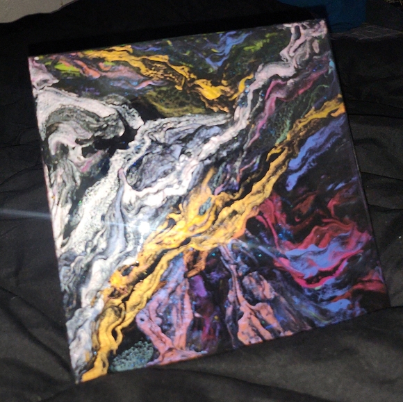 Original Abstract Pour Painting On Wood Glossy Resin Finish Dark Metallic 8"×8" - Picture 3 of 9